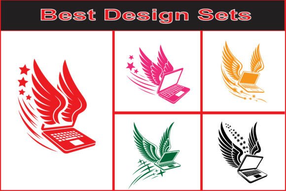 Flying Laptop Technology Logo Set: Digital Freedom Unlocked