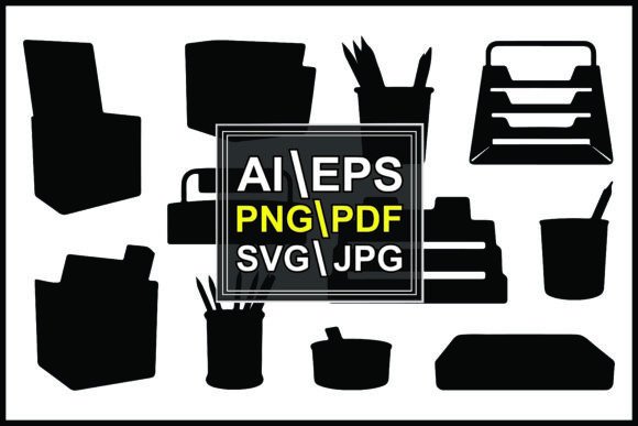 Office & Workspace Icons: Silhouettes of Office Supplies Furniture