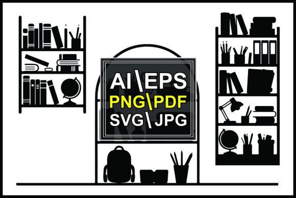 Silhouette Bookshelves School Supplies: Creative Design Assets