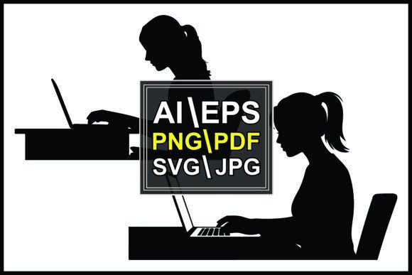 Women Working Laptops at Desks Silhouet: A Vector for Modern Design